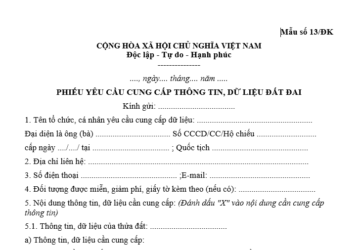 Mẫu phiếu yêu cầu cung cấp thông tin, dữ liệu đất đai mới nhất? 