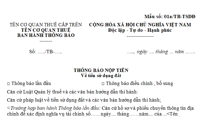  Mẫu thông báo nộp tiền sử dụng đất có dạng như sau: