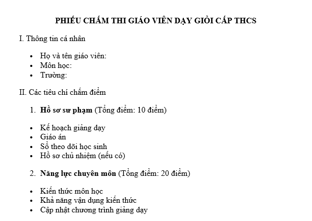  Mẫu Phiếu chấm thi giáo viên dạy giỏi THCS