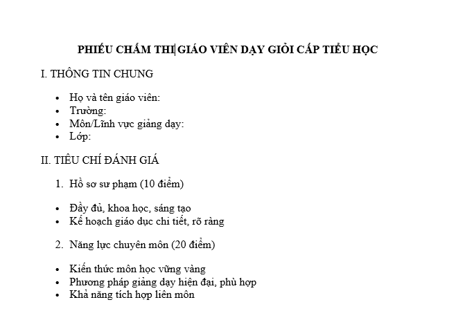 Mẫu Phiếu chấm thi giáo viên dạy giỏi tiểu học