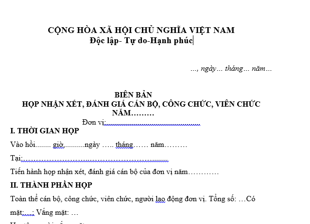  Mẫu Biên bản cuộc họp nhận xét đánh giá cán bộ, công chức, viên chức