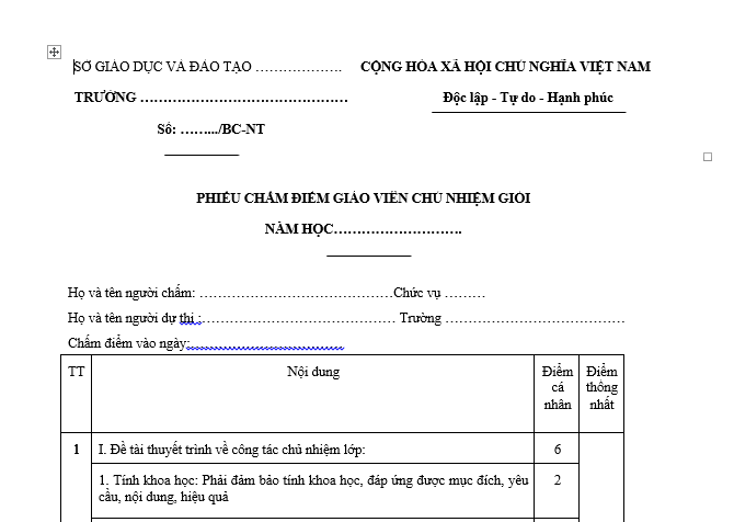 Mẫu Phiếu chấm thi giáo viên chủ nhiệm giỏi theo Thông tư 22