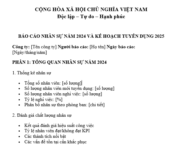 Mẫu báo cáo nhân sự cuối năm và kế hoạch tuyển dụng nhân sự cho năm sau của công ty dành cho HR