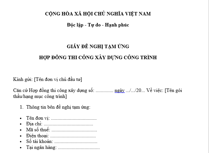  Mẫu giấy đề nghị tạm ứng hợp đồng thi công xây dựng công trình