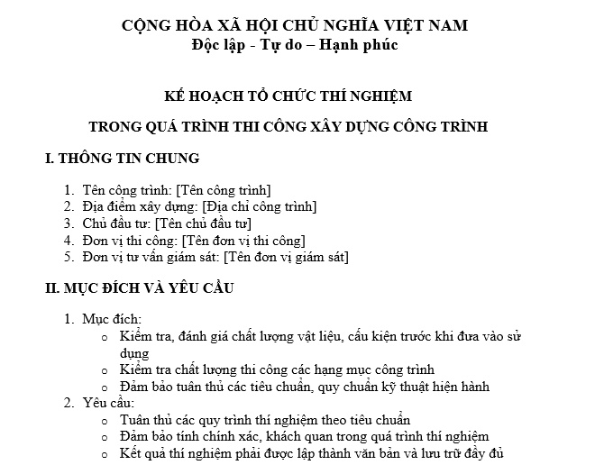 Mẫu Kế hoạch tổ chức thí nghiệm trong quá trình thi công xây dựng công trình