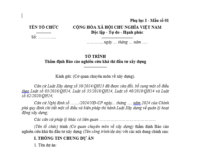  Mẫu tờ trình thẩm định Báo cáo nghiên cứu khả thi đầu tư xây dựng mới nhất theo Nghị định 175