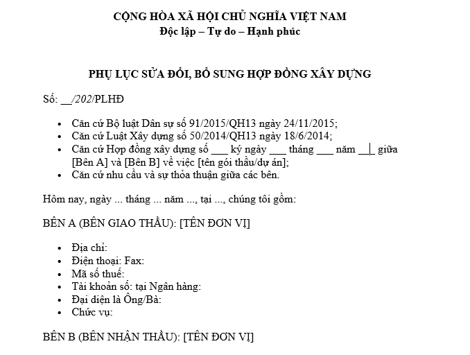 Mẫu Văn bản sửa đổi, bổ sung hợp đồng xây dựng