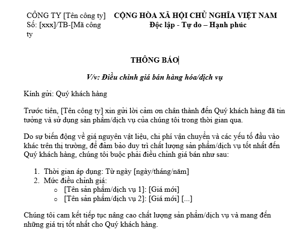  Mẫu thông báo tăng giá hàng hóa dịch vụ gửi khách hàng