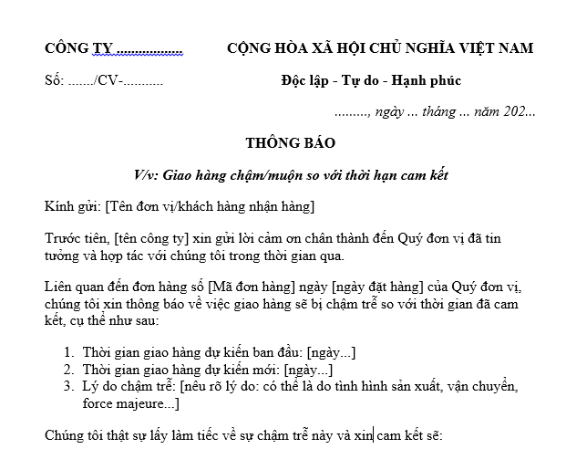 Mẫu công văn thông báo giao hàng chậm, giao hàng hóa muộn dành cho doanh nghiệp