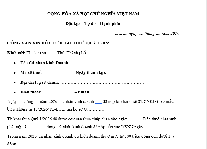 Mẫu Công văn gửi Thuế Cơ sở xin hủy tờ khai thuế Quý 1/2026 cá nhân kinh doanh có doanh thu từ 500 triệu đồng đến dưới 1 tỷ đồng