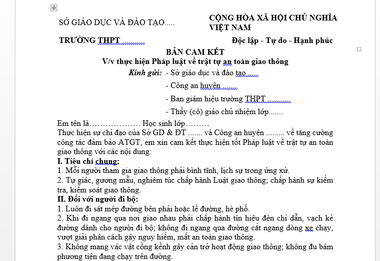 Mẫu Bản cam kết thực hiện Pháp luật về trật tự an toàn giao thông của học sinh THPT