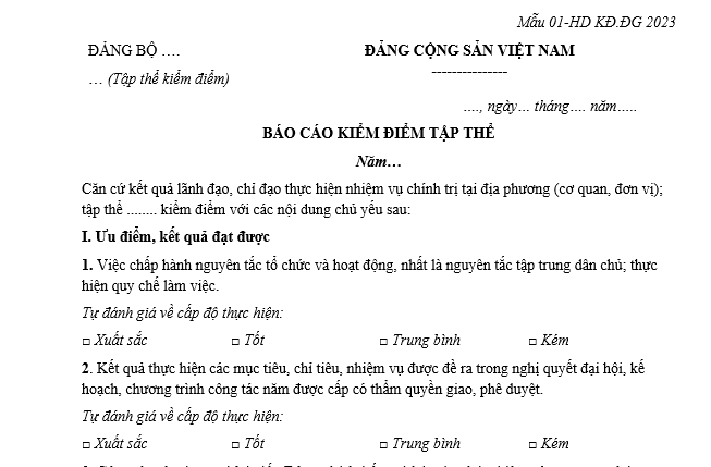 Mẫu báo cáo kiểm điểm tập thể lãnh đạo quản lý trong hệ thống chính trị mới nhất