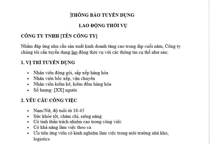 Mẫu thông báo tuyển dụng file word lao động thời vụ cuối năm dành cho doanh nghiệp