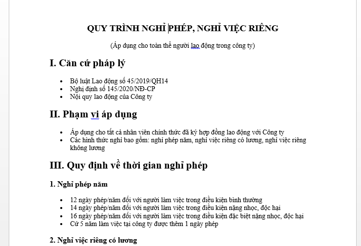 Mẫu quy trình nghỉ phép, nghỉ việc riêng dành cho người lao động trong doanh nghiệp