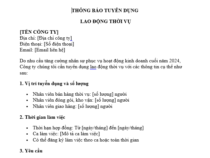 Mẫu thông báo tuyển dụng file word lao động thời vụ cuối năm dành cho doanh nghiệp