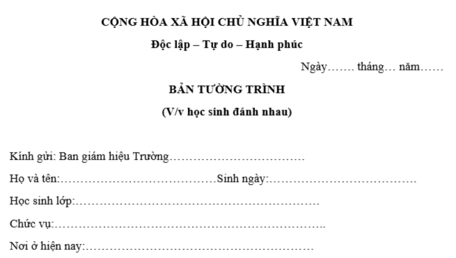 Mẫu bản tường trình học sinh đánh nhau