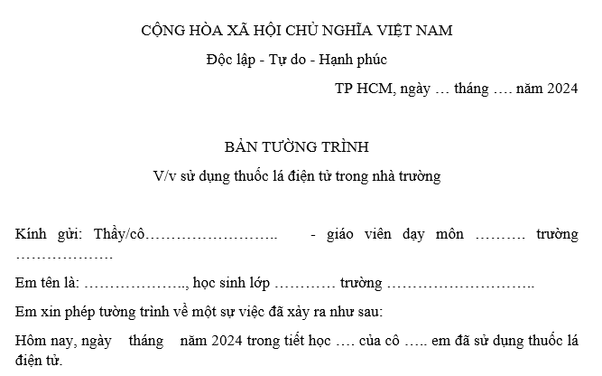 Mẫu bản tường trình học sinh hút thuốc