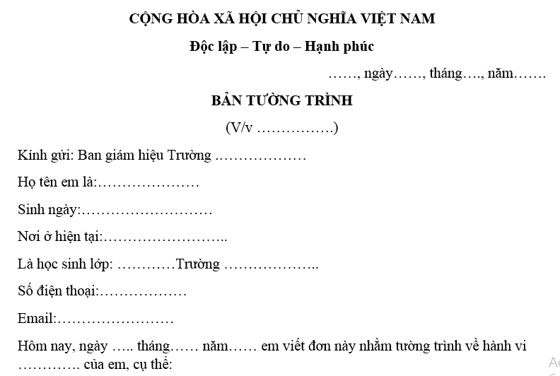  Mẫu bản tường trình học sinh dùng chung cho cấp 1, 2, 3