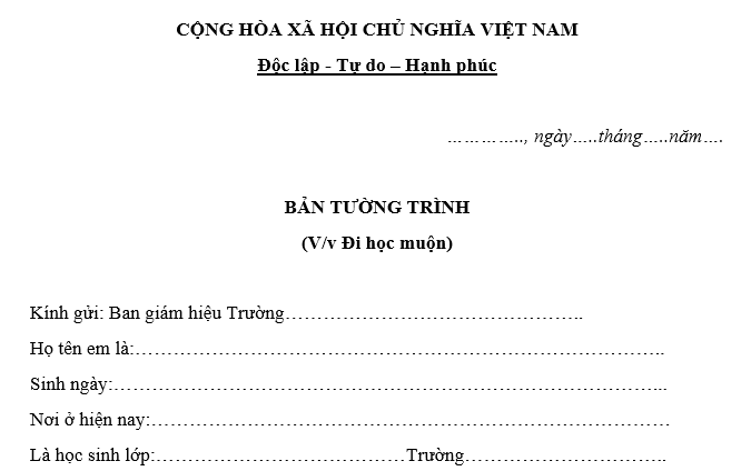 Mẫu bản tường trình học sinh đi học muộn 