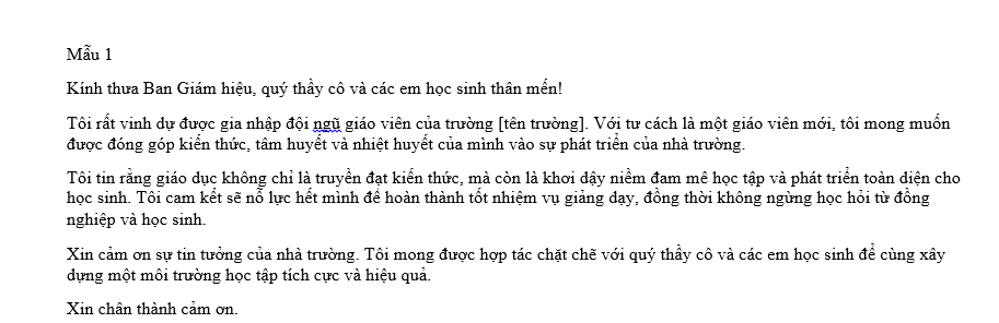 Mẫu Bài phát biểu của giáo viên mới về trường (Mẫu 1)