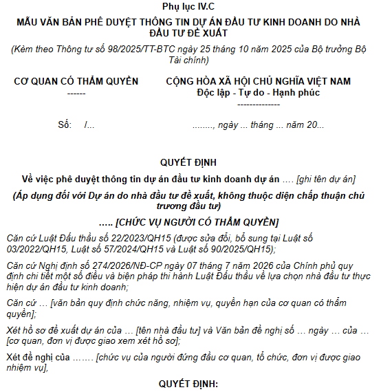  Mẫu Quyết định phê duyệt thông tin dự án đầu tư kinh doanh do nhà đầu tư đề xuất