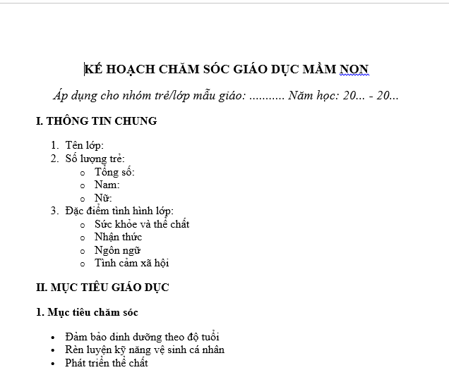 Mẫu kế hoạch nuôi dưỡng chăm sóc giáo dục của nhóm trẻ, lớp mẫu giáo dành cho giáo viên mầm non