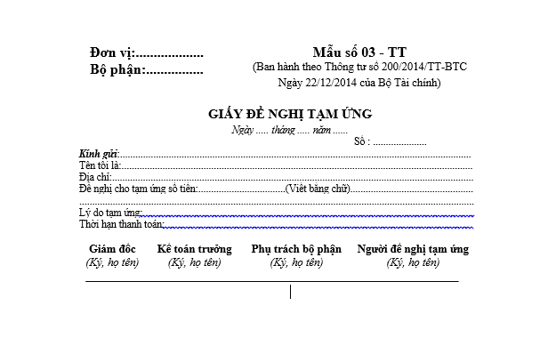 Mẫu giấy đề nghị tạm ứng tiền để thực hiện nhiệm vụ sản xuất, kinh doanh của doanh nghiệp