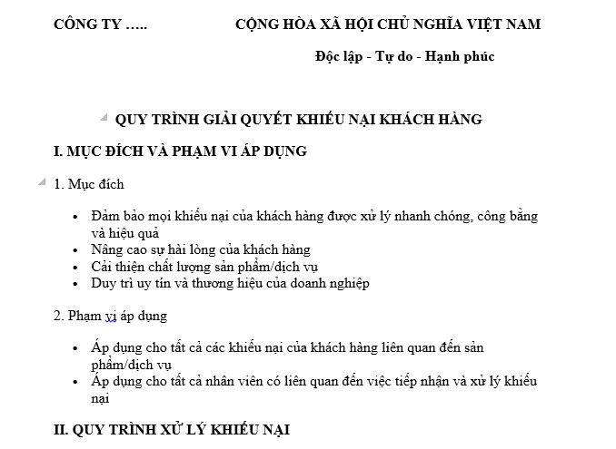 Mẫu quy trình giải quyết khiếu nại khách hàng là người tiêu dùng dành cho doanh nghiệp