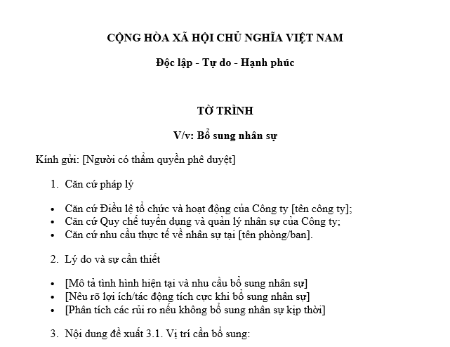  Mẫu tờ trình bổ sung nhân sự vào các vị trí đã có sẵn hoặc mới của doanh nghiệp