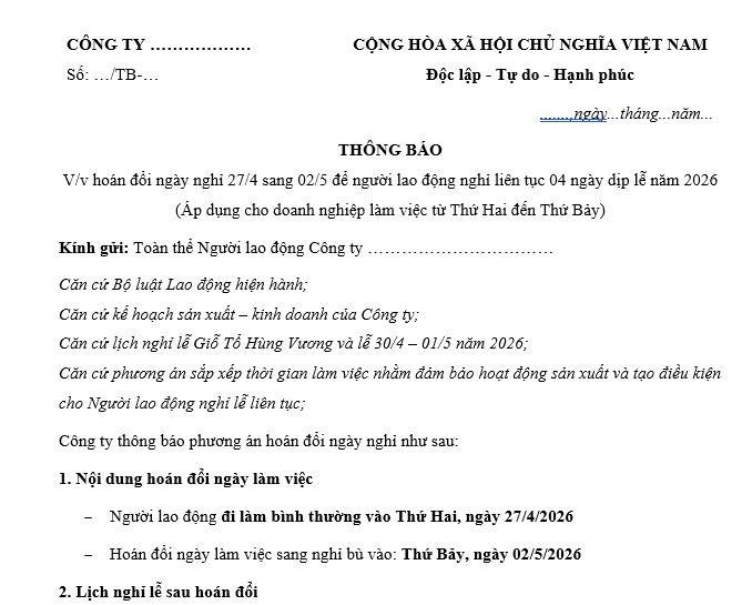 Mẫu Thông báo hoán đổi ngày nghỉ 27/4 sang 2/5 để NLĐ nghỉ Giỗ Tổ Hùng Vương và 30/4 - 01/5/2026 liên tục 4 ngày