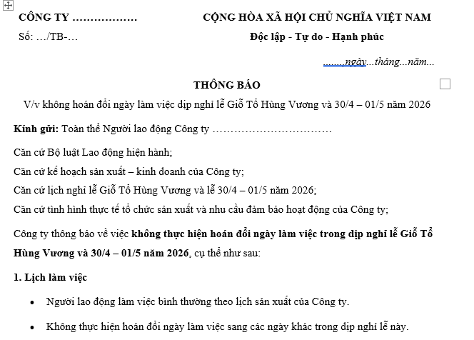 Mẫu thông báo không hoán đổi ngày làm việc dịp nghỉ lễ Giỗ Tổ Hùng Vương và 30/4-1/5/2026 tới người lao động? Tải mẫu?