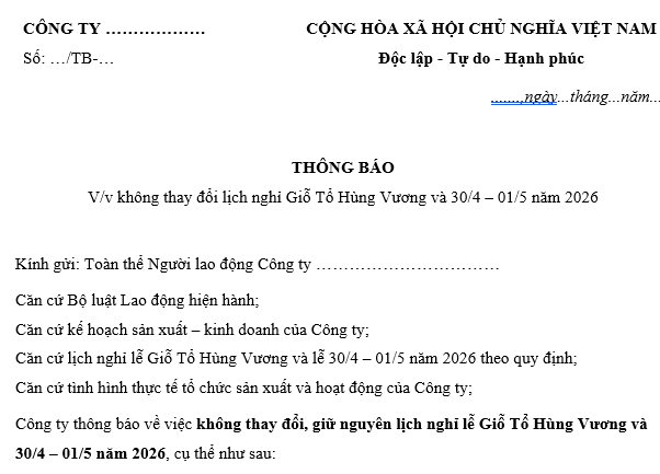 Mẫu Thông báo không thay đổi Lịch nghỉ Giỗ tổ Hùng Vương và 30/4-1/5 năm 2026 dành cho doanh nghiệp