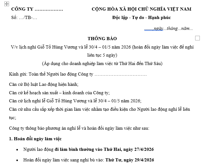 Mẫu Thông báo lịch nghỉ Giỗ Tổ Hùng Vương và 30/4 - 1/5 liên tục 5 ngày từ 29/4 đến 3/5 năm 2026