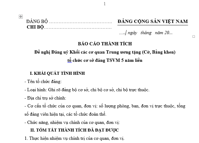 Mẫu Báo cáo thành tích đề nghị Đảng uỷ Khối các cơ quan Trung ương tặng (Cờ, Bằng khen) tổ chức cơ sở đảng trong sạch vững mạnh 5 năm liền. 