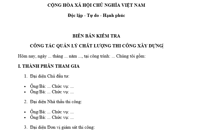 Mẫu biên bản kiểm tra công tác quản lý chất lượng thi công xây dựng