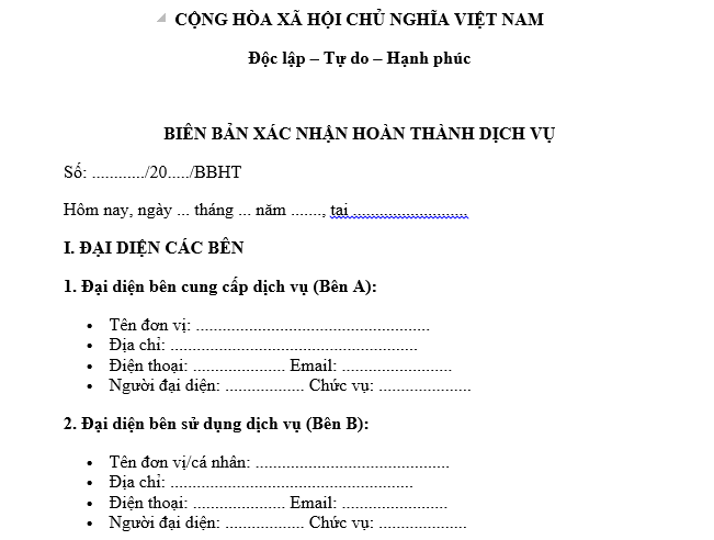 Mẫu biên bản xác nhận hoàn thành dịch vụ