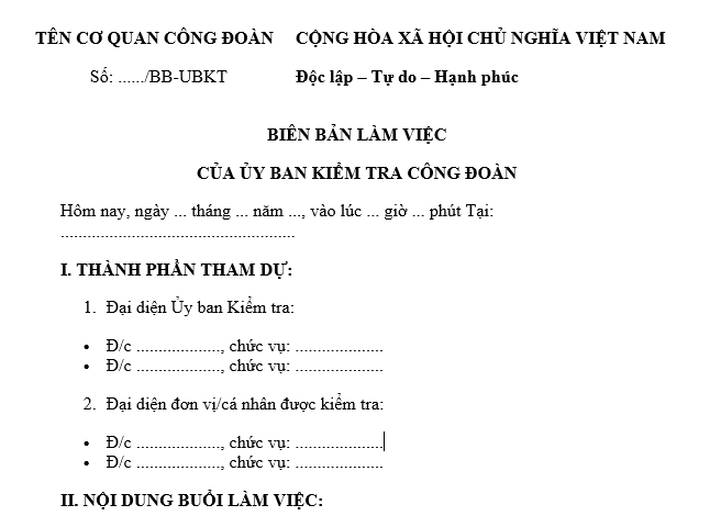 Mẫu biên bản làm việc của Ủy ban kiểm tra công đoàn (sử dụng nội bộ)