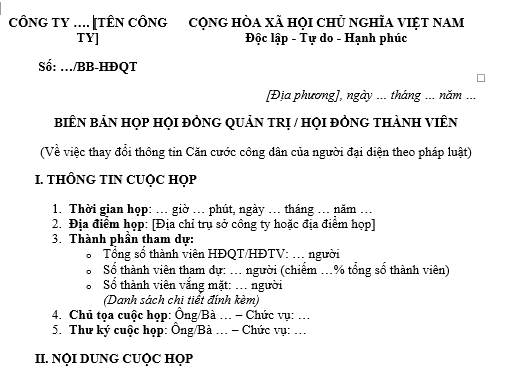  Mẫu Biên bản họp về việc thay đổi CCCD của người đại diện theo pháp luật trên Giấy chứng nhận đăng ký doanh nghiệp