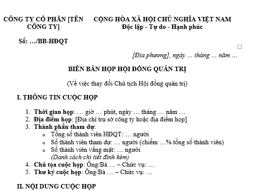  Mẫu Biên bản họp thay đổi Chủ tịch Hội đồng quản trị công ty cổ phần