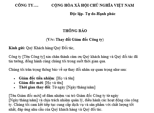  Mẫu Thông báo thay đổi Giám đốc công ty gửi khách hàng, đối tác