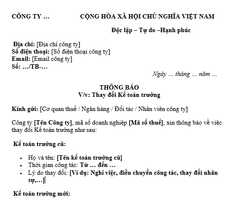 Mẫu thông báo thay đổi kế toán trưởng của doanh nghiệp