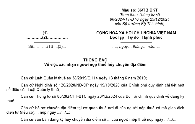  Mẫu thông báo về việc xác nhận người nộp thuế hủy chuyển địa điểm mới nhất