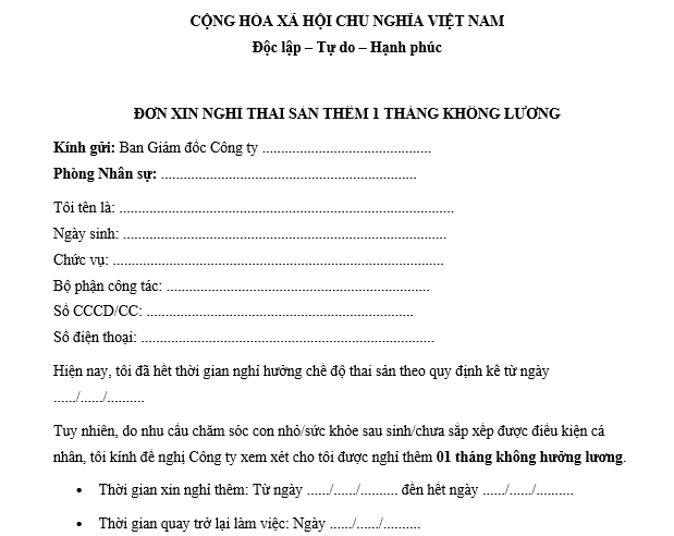 Mẫu đơn xin nghỉ thai sản thêm 1 tháng không lương mới nhất 2026