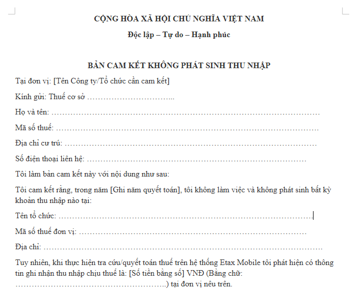 Mẫu Cam kết không phát sinh thu nhập tại công ty, doanh nghiệp đã kê khai vào tờ khai quyết toán thuế TNCN
