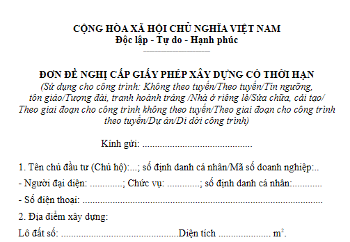 Mẫu Đơn đề nghị cấp giấy phép xây dựng có thời hạn đối với nhà ở riêng lẻ 2026