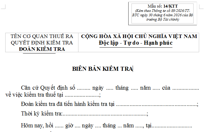 Mẫu số 14/KTT Biên bản kiểm tra thuế tại trụ sở người nộp thuế