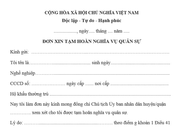  Mẫu đơn xin tạm hoãn nghĩa vụ quân sự để đi học đại học (Mẫu 1)