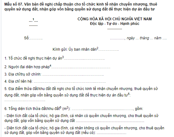 Mẫu đơn đề nghị chấp thuận cho tổ chức kinh tế nhận góp vốn bằng quyền sử dụng đất để thực hiện dự án đầu tư mới nhất