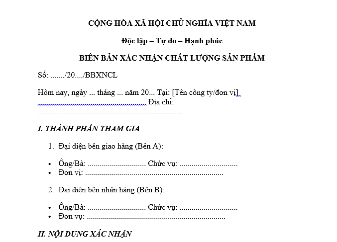 Mẫu Biên bản xác nhận chất lượng sản phẩm mới nhất