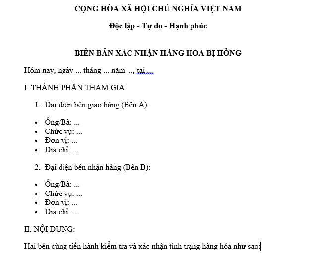 Mẫu Biên bản xác nhận hàng hóa bị hỏng